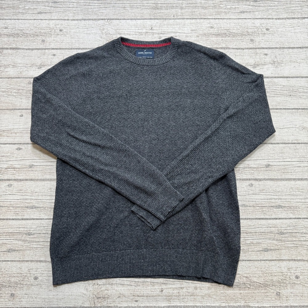 Daniel Hechter Sweater Men's Medium Gray Waffle Knit Crewneck Pullover Preppy
